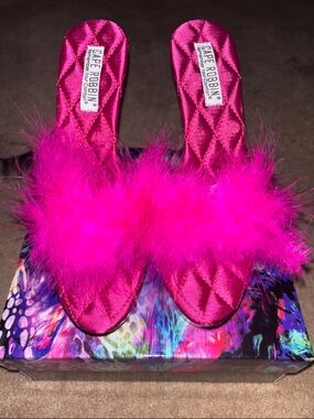 Cape Robbin Hot Pink Feather Satin Slide Heels